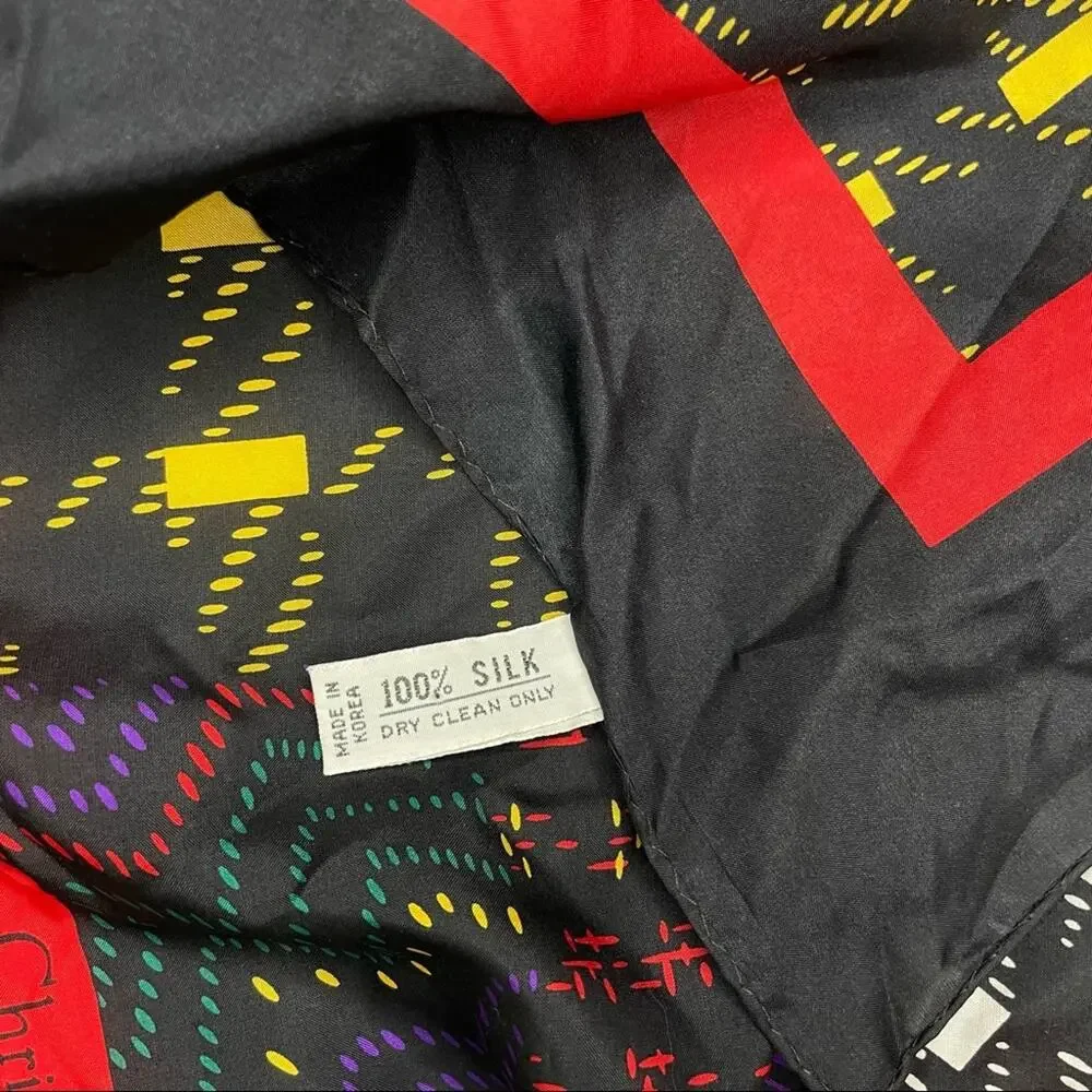 Vintage 80s Christian Dior 100% Silk Black Red Abstract Plaid 30